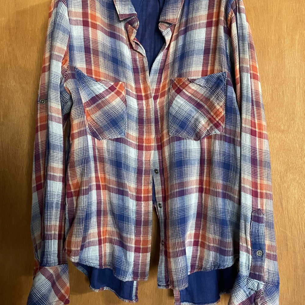 Cloth & Stone Blue Orange Button Down Shirt with Notched Collar and Boxy Fit